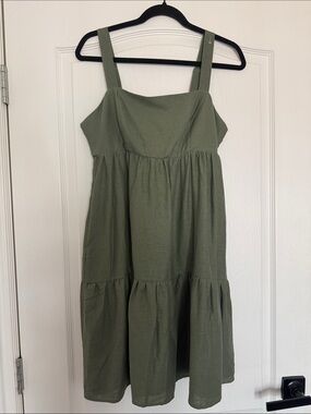 Dalia Olive Green Tiered Linen Material Sundress